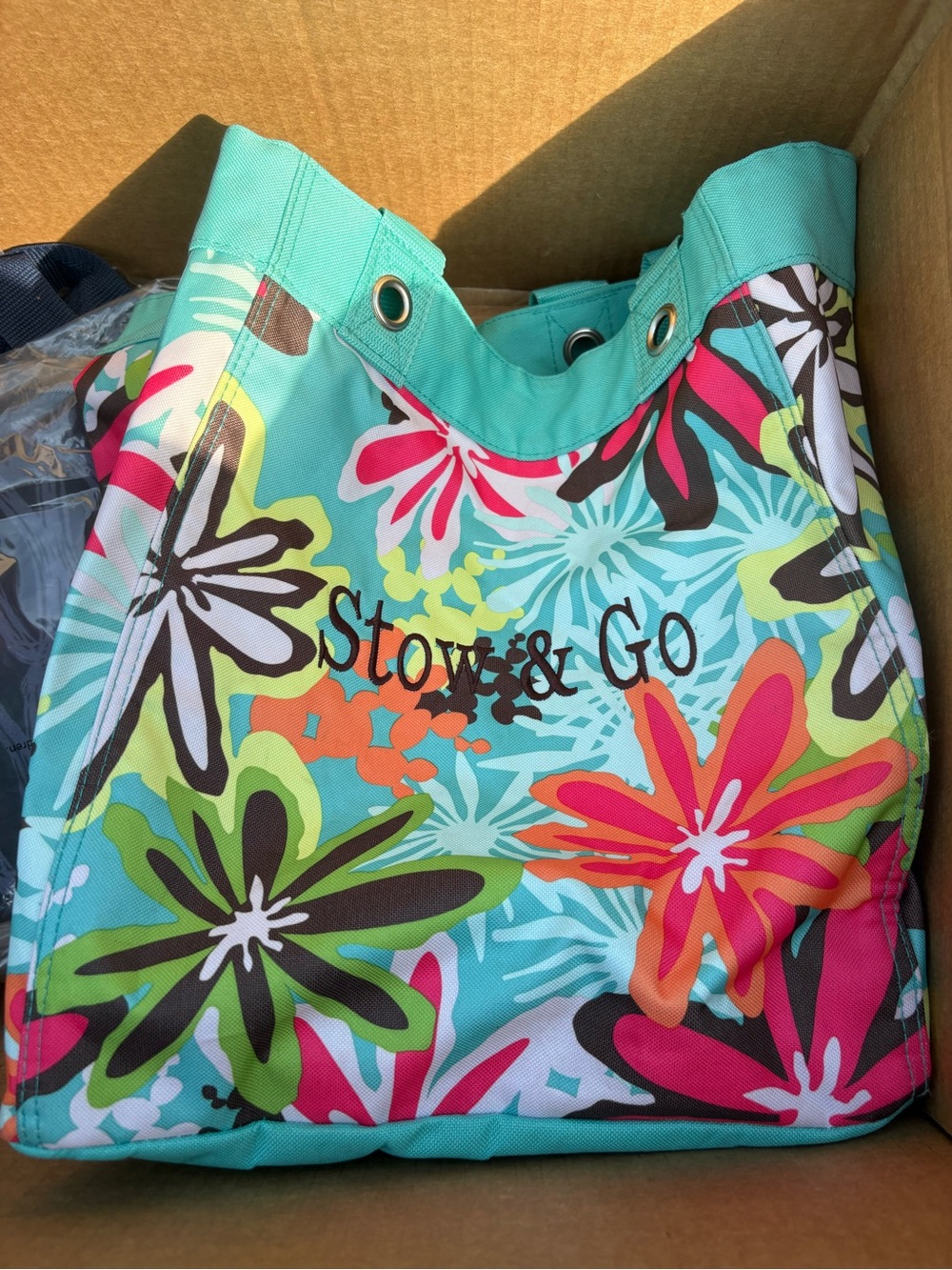 Thirty-one Floral Tote Bag in Turquoise embroidered- Stow & Go in brown